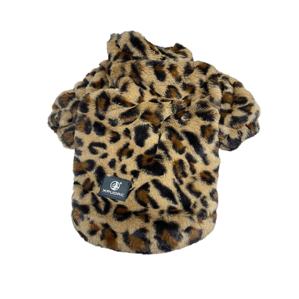 XPUDAC Fuzzy Leopard Faux Fur Pet Clothes Dog Jacket Thermal Dog Winter Coat